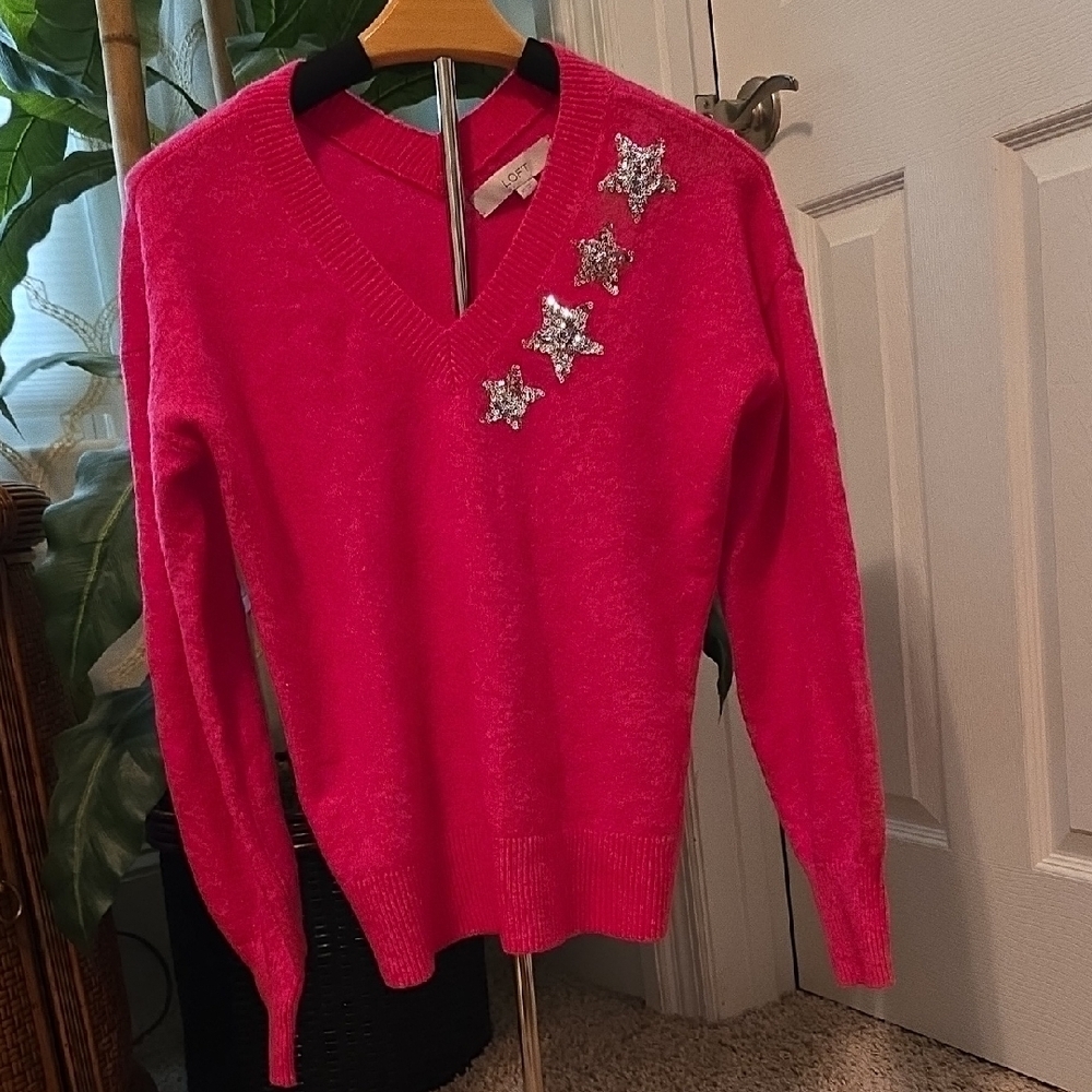 LOFT Pink V-Neck Sweater with Silver Star Accents Size XS